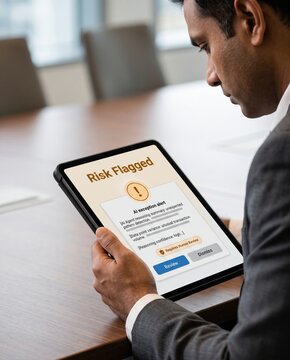 Focused businessman holding tablet reviewing AI risk flagged alert and exception report in corporate boardroom