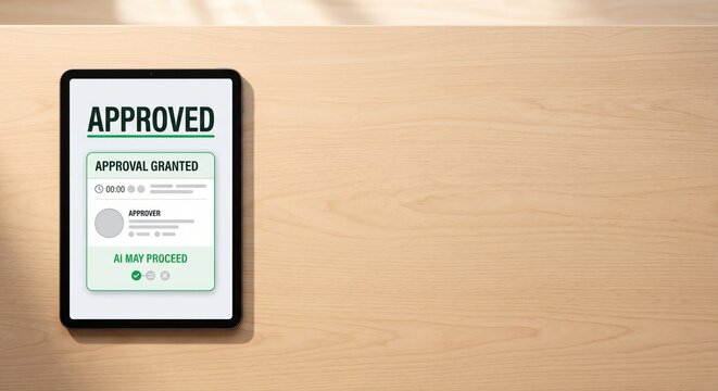 Tablet on wooden desk displaying approved status and AI may proceed notification, human in the loop workflow governance
