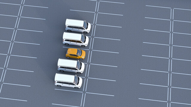Orange car standing out among white vans in a parking lot