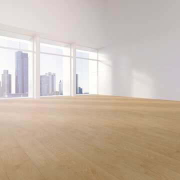 Empty hall with plank flooring in a high rise, 3D Rendering