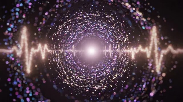 Abstract visual sequence of swirling particles transitioning into a pulsating light wave, creating a mesmerizing cosmic atmosphere with vibrant colors and dynamic movement