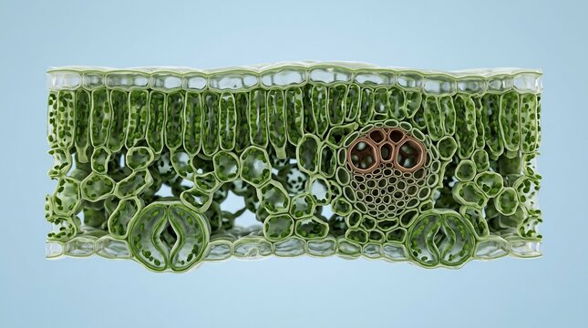 3D scientific illustration of a plant leaf cross section showing cellular structure and vascular bundle