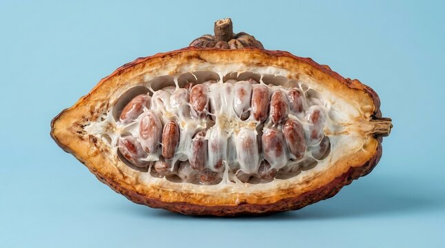 Sliced open cocoa pod revealing raw cocoa beans and white pulp isolated on a light blue background