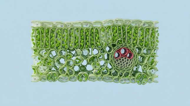 3D Illustration of a Plant Leaf Cross Section Showing Internal Cellular Anatomy and Chloroplasts