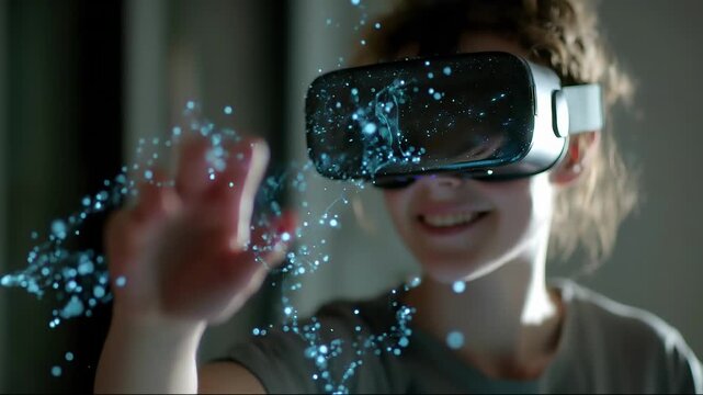 Young woman interacting with holographic particles in VR