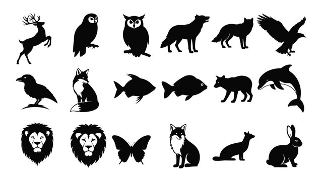 Black animal icons set on white background