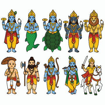 Lord Vishnu Dashavatara Hindu Gods Flat Vector Illustration Set