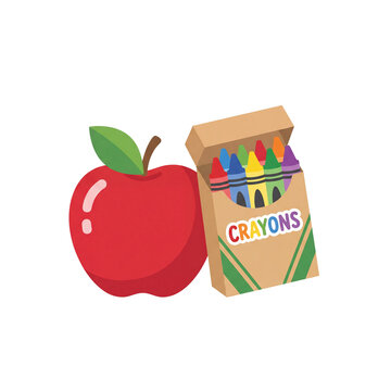 Red apple with open crayon box school supplies transparent PNG clipart