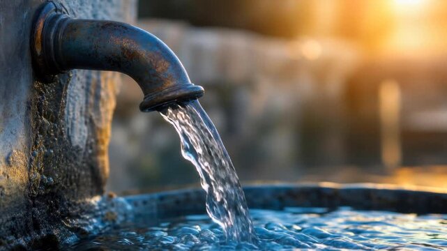 Close up of flowing water from rustic outdoor faucet with sunlight reflecting on surface