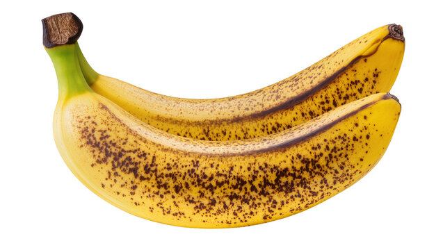 Two ripe yellow bananas with brown spots, isolated on transparent background