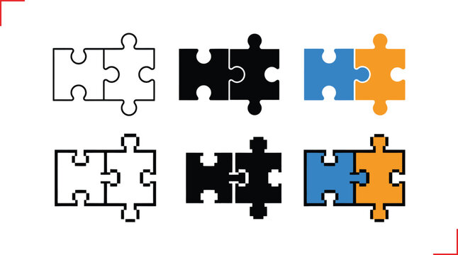 Puzzle piece icon set for teamwork and solution design. Includes outline, black silhouette, and color flat variations. Ideal vector for strategy, connection, and problem-solving concepts.
