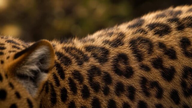 Close-up of leopard fur texture with distinctive spotted pattern in natural light