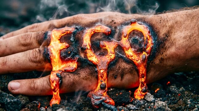 Hands burn letters spelling "EGG" over hot coals