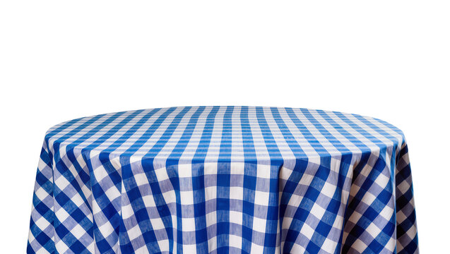Round blue and white gingham tablecloth draped over a table, isolated on transparent background