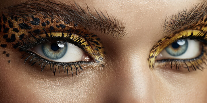 Close-up view of a person with bold eye makeup showing leopard patterns and bright colors
