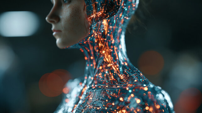 A human silhouette with an AI-powered exoskeleton, symbolizing enhanced human capabilities through technology