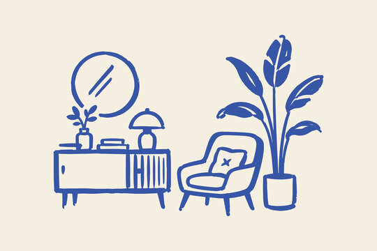 Living Room Interior Hand Drawn Vector Illustration