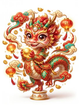 This premium luxury chibi dragon dance mascot featuring adorable proportions and oversized anime eyes with glossy red gold emerald ceramic scales amidst swirling auspicious clouds

