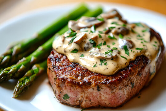 Steak with creamy mushroom sauce served with green asparagus on a plate