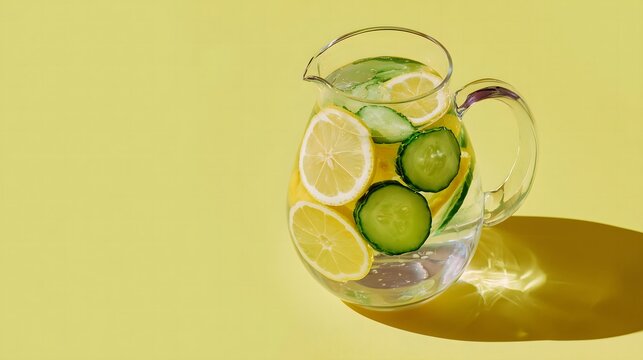 Clear glass pitcher with lemon and cucumber slices on yellow background. Hydration, detox water, summer refreshment concept. Side view