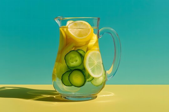 Top view of glass pitcher with lemon and cucumber water on yellow background. Hydration, detox, and clean eating concept. Flat lay