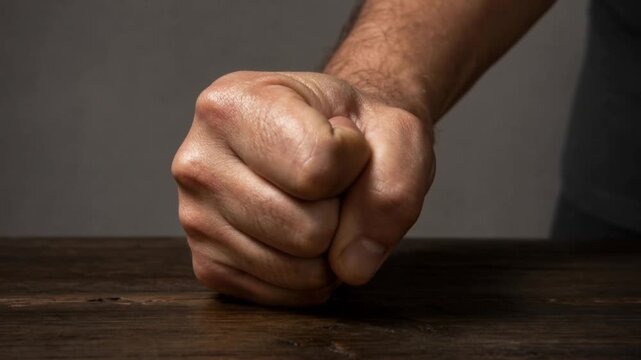 Close up of a clenched fist on wooden table showing anger and determination