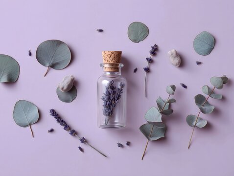 Empty glass bottle with cork, dried lavender and eucalyptus on purple background. Natural remedies, self-care, and wellness concept. 