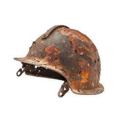 Naklejka premium Rusty military helmet with heavy corrosion, vintage steel combat headgear, distressed war relic for history concept isolated on Transparent Background