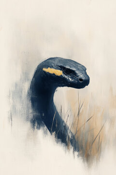 Oil painting of a black snake  in a soft background setting