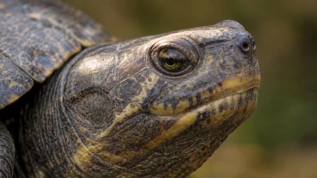 Close up of turtle head with textured skin and detailed shell in natural outdoor environment