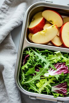 Steel lunch box contains fresh green leaves, red apple slices. Healthy organic meal packed in metal container for office work school lunch. Raw vegetarian food preparation for balanced diet