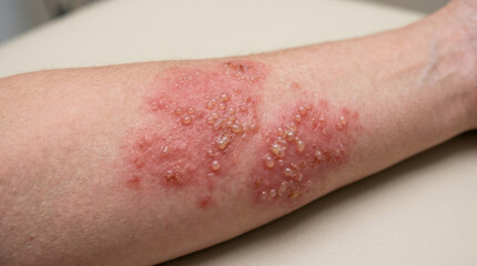 Fototapeta premium Skin rash with blisters on the arm of a woman. Close up view of contact dermatitis or shingles infection. Medical condition showing allergic reaction or viral irritation on skin.