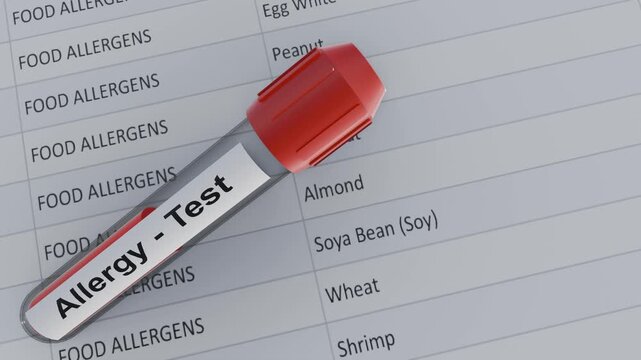 A 3d animation of "Allergy - Test" blood tube floats in zero gravity while a medical document of allergens scrolls continuously in the background loop.