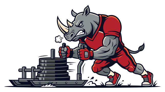 Muscular rhino pushing heavy weight sled in intense workout