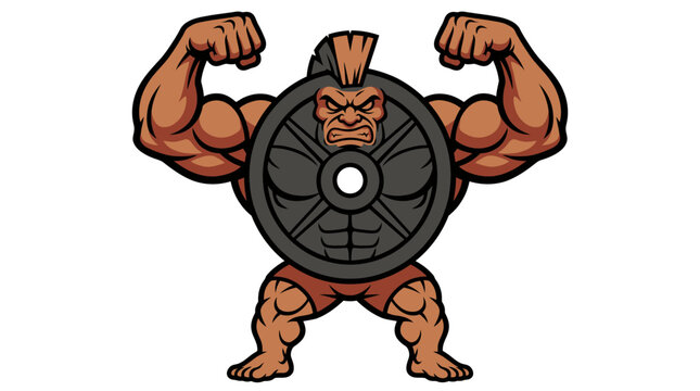 Strong bodybuilder mascot with weight plate torso flexing muscles
