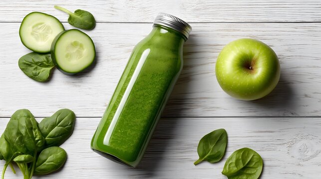 Green detox smoothie in glass bottle with spinach and apple on white wood. Healthy beverage, clean eating concept. Flat lay.