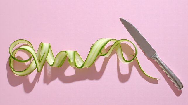Long cucumber peeled into elegant ribbon spiral with knife on pink background. Food prep, healthy cooking, fresh vegetable concept.