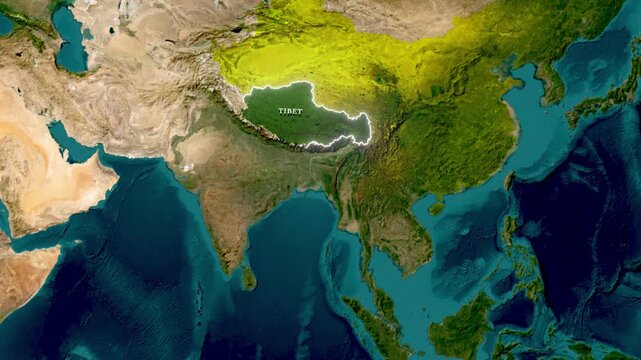 Tibet Region Highlighted on 3D Satellite Map of Asia