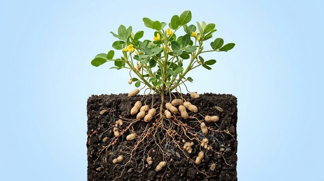 Cross section of a peanut plant growing in dark soil with roots and pods visible underground on light blue background