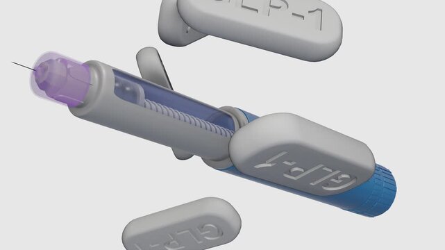 A 3d animation of GLP-1 injector pen floats weightlessly while grey "GLP-1" tablets spin and orbit around it in a continuous zero-gravity medical animation loop.