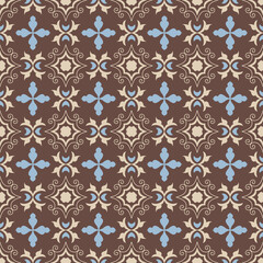 Fototapeta premium Seamless maroon and blue antique tile pattern with elegant baroque motifs. Vintage Traditional Portuguese Azulejo background vector for commercial fashion textile fabric print and wallpaper