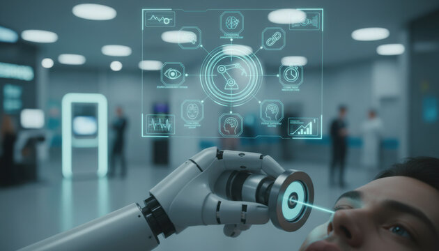 Close-up of a futuristic robotic triage assistant using a targeted light beam to check a patient's pupillary response with a holographic medical interface in the background
