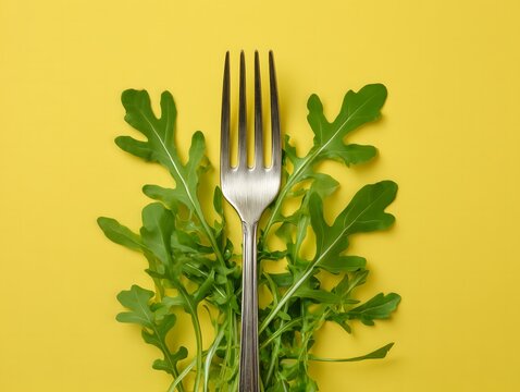 Silver fork resting on fresh arugula leaves on yellow background. Fresh salad, healthy eating, dining concept. Flat lay, top view. 