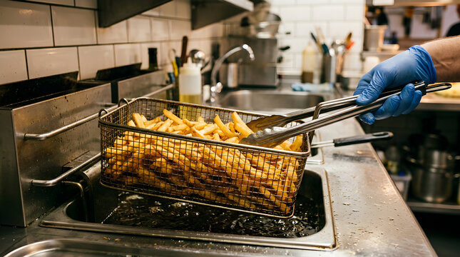 A chef in blue gloves lifts a basket of crispy golden French fries from a deep fryer. This image is ideal for restaurant and fast food advertising.