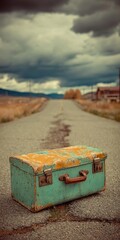 Obraz premium A Vintage Teal Suitcase Placed on an Empty Winding Road Leading Toward Dramatic Cloudy Skies Ahead.