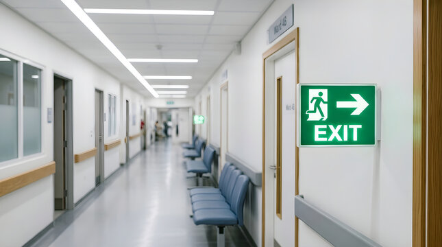 An illuminated green exit sign points the way down a long, sterile hospital corridor. This image represents emergency evacuation and patient safety protocols.