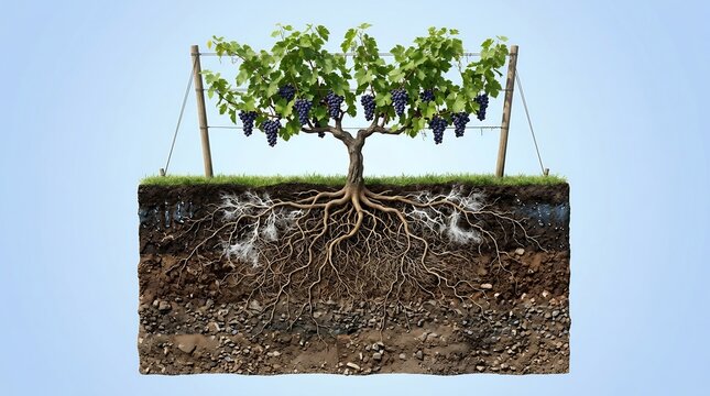Detailed cross section of a grapevine plant showing an extensive root system and geological soil layers with ripe dark grapes on a trellis