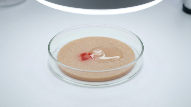 Skin sample in petri dish under laboratory light. Medical research of artificial dermal tissue. Scientific investigation of human skin cells and cosmetic product testing concept.