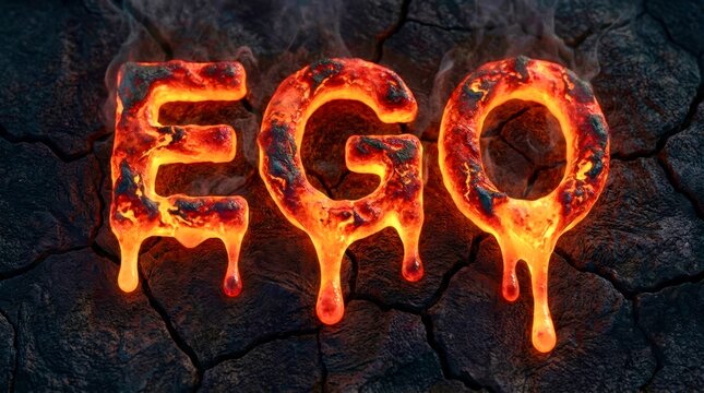 Molten letters spell "EGO" against cracked, dark earth