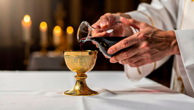 Close up of traditional catholic priest pouring red wine into golden chalice for holy communion during church mass liturgy ceremony